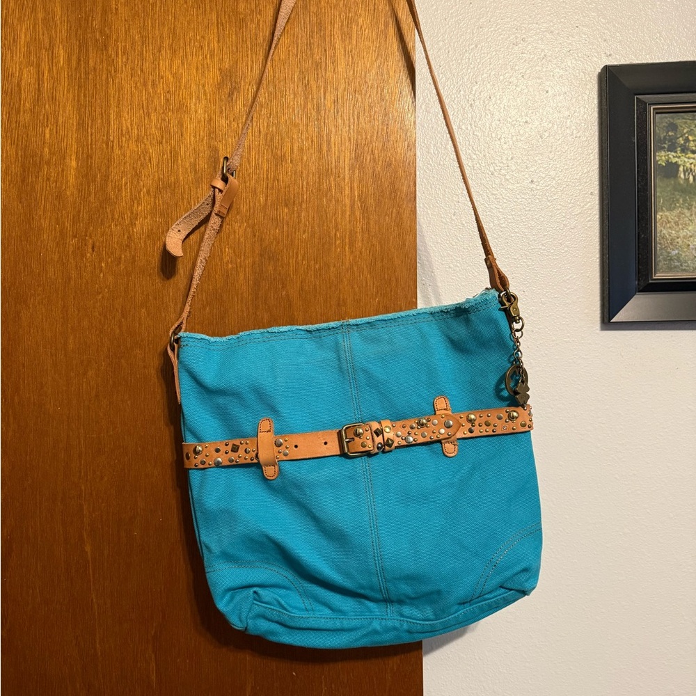 Lucky Brand Turquoise Canvas Crossbody with Studded Tan Belt Accent